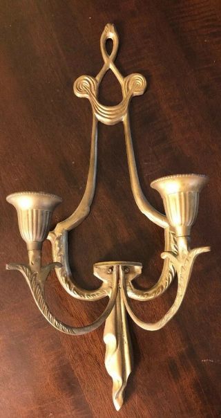 Vintage Solid Brass Ribbon Ornate Taper Double Candle Holder Wall Sconce 15”
