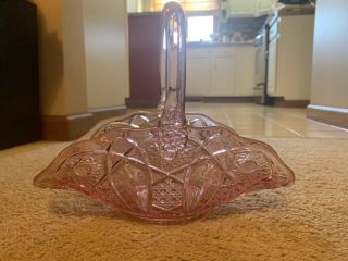 Vintage L.  E.  Smith Woodrose Pink Depression Elegant Glass Basket Smooth Handle