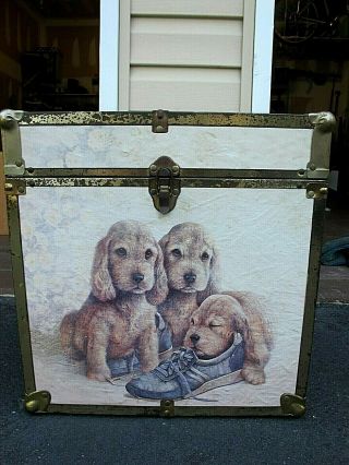 Vintage 80s Toy Chest Wooden Box Rare Puppy Dog Theme 16x16x16