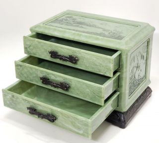 Vintage Celluloid Oriental Asian Jewelry Box Jade Green Marbled W/ Dragon Pulls