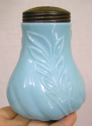 Vtg Blue Milk Glass Sugar Shaker W Embossed Fern Design Tin Lid