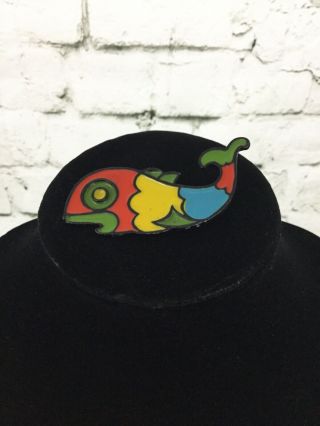 Whale Pin Pendant Stained Glass Design Green Yellow Vintage 70’s Jewelry