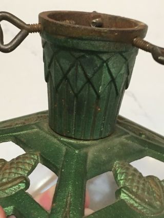 Vintage Antique Cast Iron Christmas Tree Stand Holder Green Pine Cone 7 