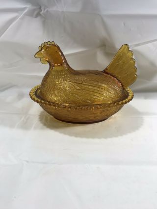 Vintage Indiana Glass Hen On Nest Candy Dish Amber Yellow Carnival Glass 7 " X 5 "