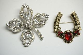 2 Vintage Coro Red & Clear Rhinestone Brooches/pins - Horseshoe & Flower Shamrock