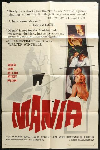 Mania Peter Cushing Vintage Horror 1961 Ff One Sheet Movie Poster