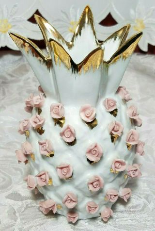 Vintage Lefton Porcelain Vase Pineapple & Pink Roses