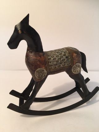 Vintage Brown Wooden Metal Rocking Horse Figurine Finds 702