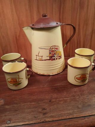Vintage Monterrey Western Ware Enamel Cowboy Coffee Pot & 4 Mugs