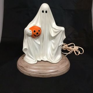 Vintage Byron Molds Halloween Ceramic Ghost Holding Pumpkin With Light Stand