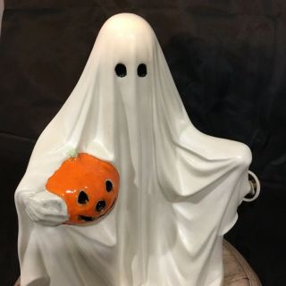 Vintage Byron Molds Halloween Ceramic Ghost Holding Pumpkin With Light Stand 2