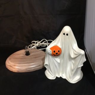 Vintage Byron Molds Halloween Ceramic Ghost Holding Pumpkin With Light Stand 3