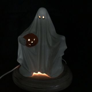 Vintage Byron Molds Halloween Ceramic Ghost Holding Pumpkin With Light Stand 5