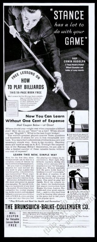 1934 Erwin Rudolph Photo Brunswick Billiards Pool Table Vintage Print Ad