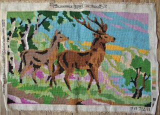 Vintage Margot Two Deer Stag Doe Woods Needlepoint Tapestry Canvas