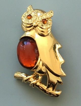 Vintage Signed Owl Jelly Belly Brooch Pin In Gold Tone Metal