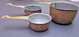 Primitive Vintage Copper W/ Brass Handle Measuring Cups 1 Cup 1/3 Cup 1/4 Cup