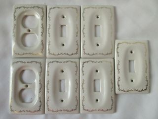 Vtg White Porcelain Gold Single Toggle Light Switch Electric Outlet Plate Cover
