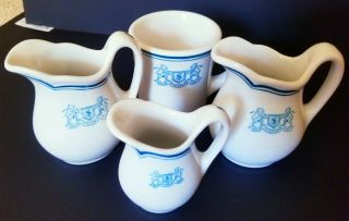 4 Vintage Harry M Stevens Restaurant Creamer Pitchers & Coffee Mug Shenango