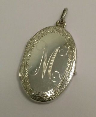 Vintage Sterling Silver Oval Shaped Engraved/etched Locket " M " Monogram