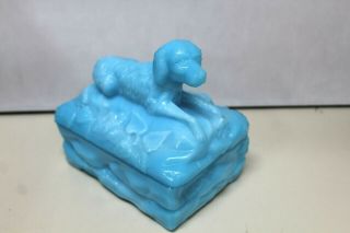 Vintage Vallerysthal Blue Opaque Milk Glass Setter Dog Covered Dish Hunting