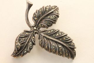 Vtg Sterling Silver Ivy Leaf Marcasite Flower Floral Figural Motif Brooch Pin