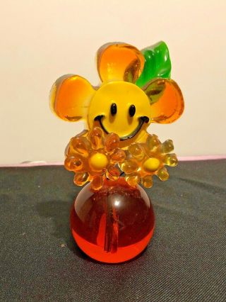 Vintage Lucite / Acrylic Smiley Face Flower Sculpture /paperweight,  Gamut Design