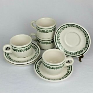 Vintage Buffalo China " Kenmore Green " Restaurant Ware - Set Of 4 Cups & Saucers