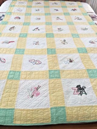Omg Vintage Handmade Signed Dated Alphabet Embroidery Work Quilt 49 " X 82 "