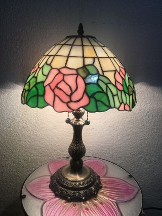 Vintage Roses Slag Stained Glass Shade On Dale Rose - Embossed Base Lamp
