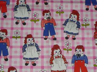 Vtg Heavy Cotton Fabric Raggedy Ann Andy Pink Check 50 " X 1.  5 Yds Pattern Rights