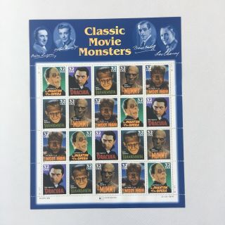 Vtg Us Postage Stamps - 1997 Classic Movie Monsters - Sheet Of 20 Usps 32 Cent