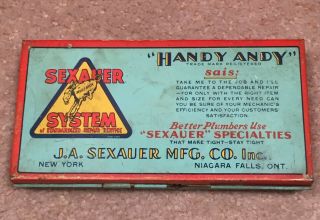Vintage Mule Pic Handy Andy Tin Ballcock Washers Sexauer Mfg Ny Niagara Falls