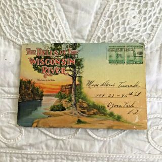 Vintage Color Linen Souvenir Postcard Accordian Folder Dells Of Wisconsin River