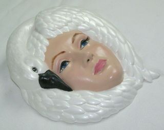 Vtg Mcm 13 " White Swan Lady Face Mask Hanging Ceramic Plaster Wall Art Deco