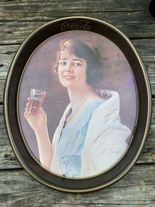 Vintage 1973 Coca Cola Oval Tin Serving Tray Woman Drink Coca Cola