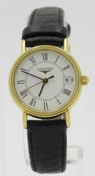 Ladies Vintage Longines Gold Tone Leather Quartz Date Classic Watch