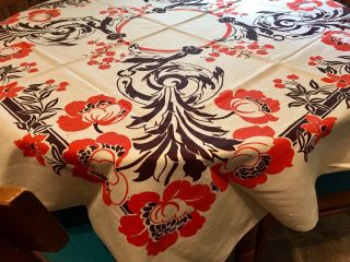 Vintage Linen Art Nouveau Printed Fabric Tablecloth Orange & Brown Swirls Unique