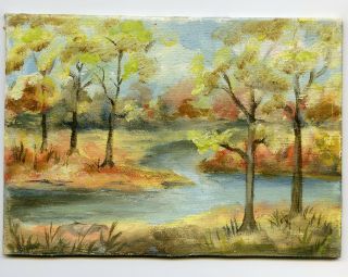 7 " Vintage Oil Painting On Canvas Forest Autumn Landscape Julia Hosmer American
