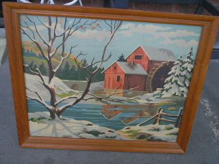Vintage Paint By Number Winter Landscape With Barn With Water Wheel