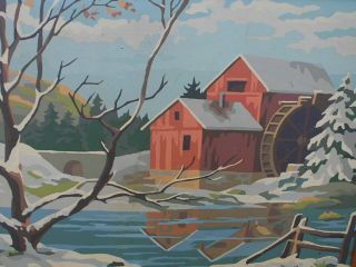 Vintage Paint By Number Winter Landscape With Barn With Water Wheel 2