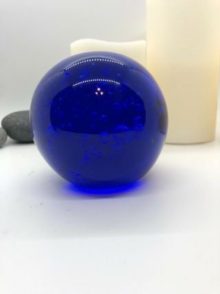 Vintage Large Blue Glass Paperweight With Bubbles