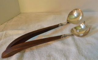 Vintage Sterling Silver And Wood Salad Set Mexico Signed Mg
