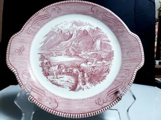 Vtg Royal China Currier & Ives Red Transfer Handled Cake Plate Rocky Mountains