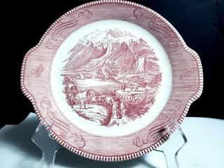 Vtg Royal China Currier & Ives Red Transfer Handled Cake Plate Rocky Mountains 2