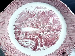 Vtg Royal China Currier & Ives Red Transfer Handled Cake Plate Rocky Mountains 3