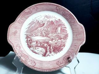 Vtg Royal China Currier & Ives Red Transfer Handled Cake Plate Rocky Mountains 4