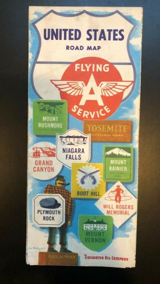 Vintage 1960 Flying A Service Tidewater Oil Company United States Road Map