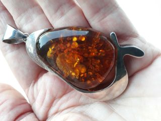 Vintage 925 Solid Silver Large And Chunky Baltic Amber Pendant For Any Necklace