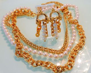 Vtg 80s Joan Rivers Quality Glass Pearl Gold Chain Huge Necklace Duster Earrings